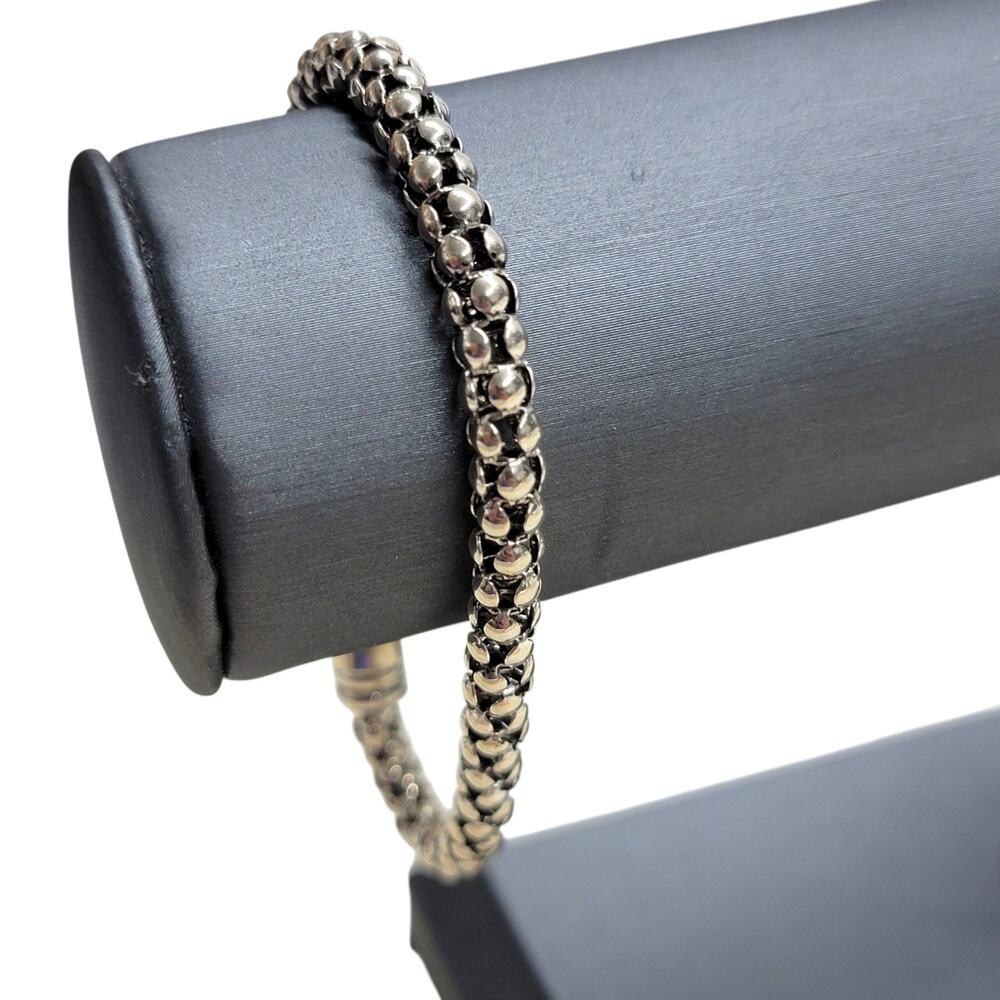 Popcorn Mesh Chain Bracelet Silver Tone Beaded Woven Magnetic Clasp Unisex